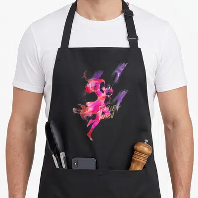 Silhouette little miss apron - Watercolor woman silhouette in pink and red with purple swirls and gold SCARLET WITCH — shown on a black cotton canvas apron against a white background