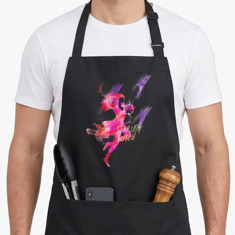Silhouette little miss apron - Watercolor woman silhouette in pink and red with purple swirls and gold SCARLET WITCH — shown on a black cotton canvas apron against a white background