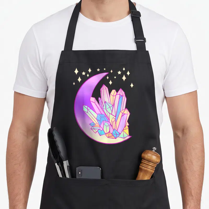 Crystal goth apron - Cartoon crystal cluster in pastel colors sitting in front of a crescent moon with scattered stars — shown on a black cotton canvas apron against a white background