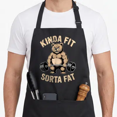 Kinda bear apron - Cartoon bear holding barbell with KINDA FIT SORTA FAT text arched above and below — shown on a black cotton canvas apron against a white background