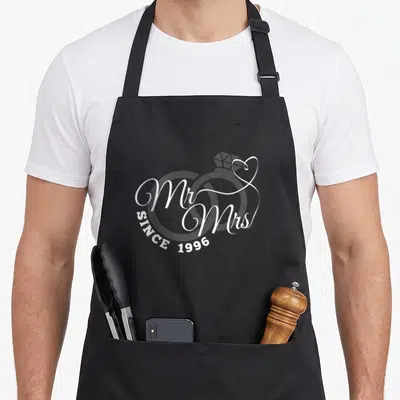 27th mr mrs aprons - White script reading Mr Mrs Since 1996 over two interlocking rings with a heart detail — shown on a black cotton canvas apron against a white background