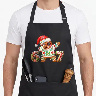 Gingerbread ice cream apron - Cartoon gingerbread man with sunglasses and sweater between decorated numbers 6 and 7 — shown on a black cotton canvas apron against a white background