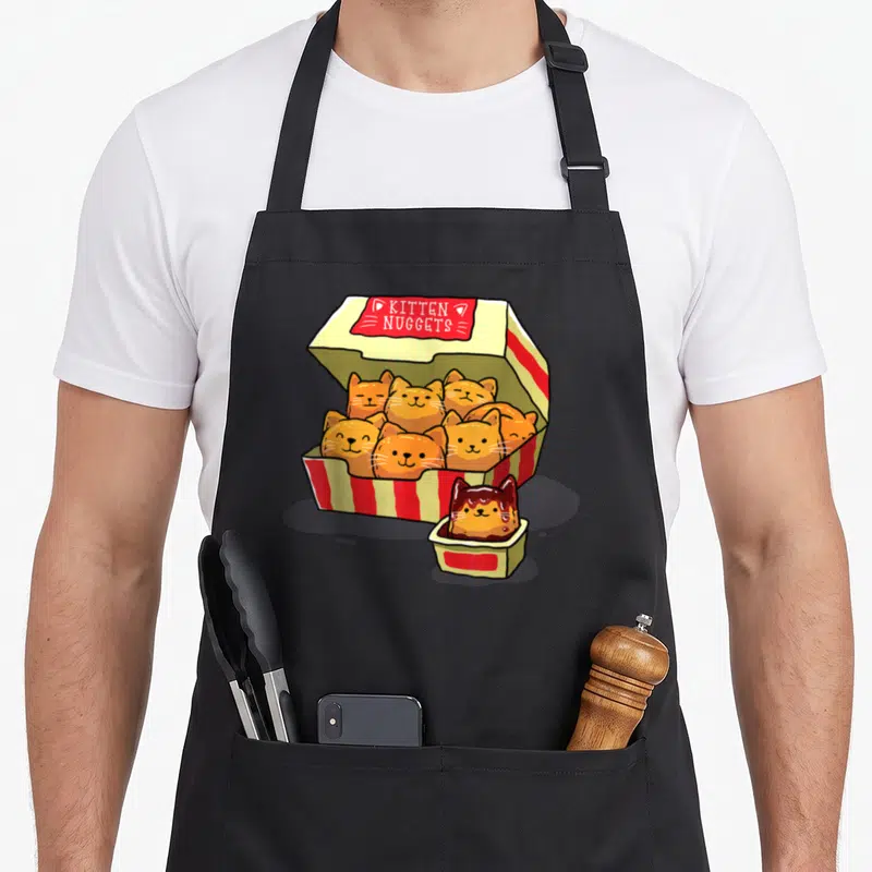 Ingenius funny cat aprons - Cartoon box of orange kitten-shaped nuggets with red sauce cup — shown on a black cotton canvas apron against a white background