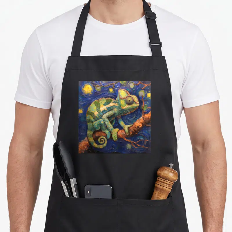 Chameleon van gogh apron - Realistic chameleon perched on brown branch against swirling blue sky with yellow stars — shown on a black cotton canvas apron against a white background