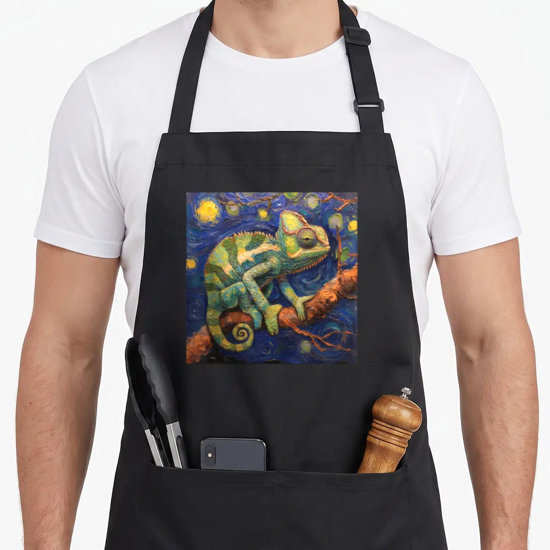 Chameleon van gogh apron - Realistic chameleon perched on brown branch against swirling blue sky with yellow stars — shown on a black cotton canvas apron against a white background
