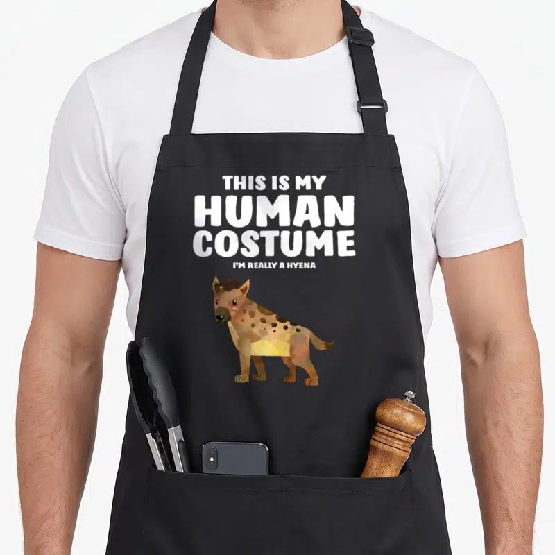 Human hyena apron - Cartoon hyena standing below stacked white text reading This Is My Human Costume I'm Really A Hyena — shown on a black cotton canvas apron against a white background
