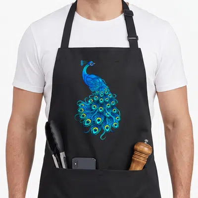 Feather animal print apron - Cartoon peacock with blue body and teal feathers accented with yellow ovals — shown on a black cotton canvas apron against a white background