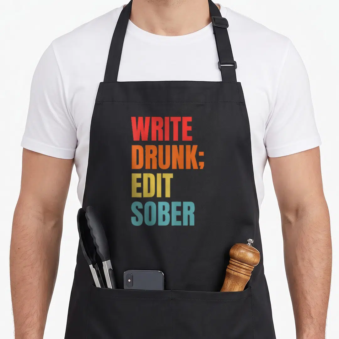 Write editor apron - Stacked text reading WRITE DRUNK; EDIT SOBER in red, orange, yellow, and light blue block letters — shown on a black cotton canvas apron against a white background