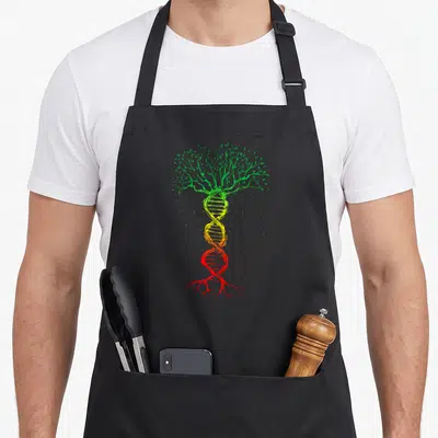 Rasta hippie apron - DNA helix shaped like a tree in green yellow orange and red reggae colors — shown on a black cotton canvas apron against a white background