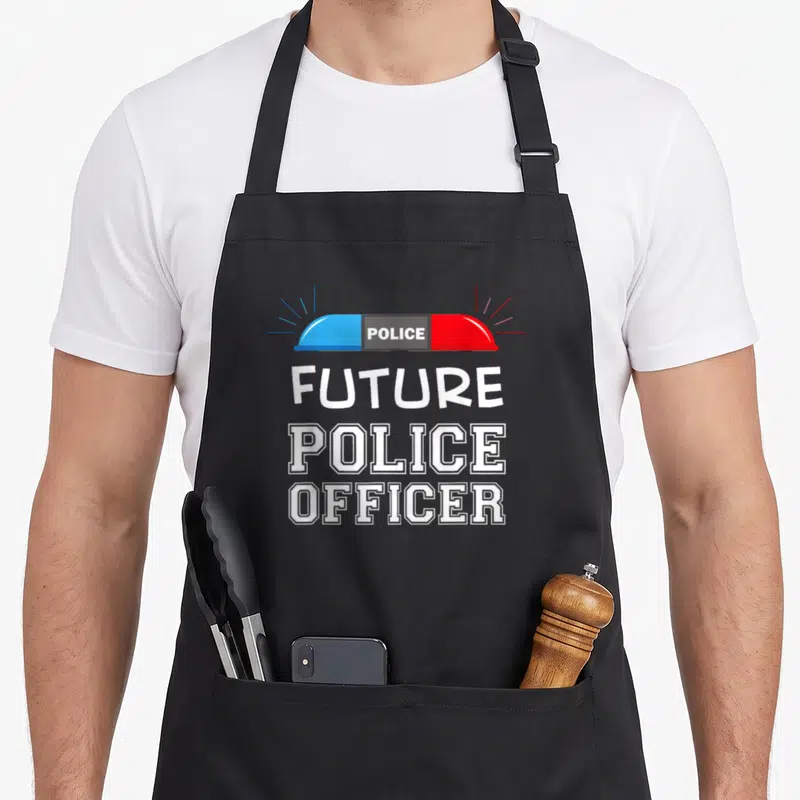 Future police apron - Cartoon light bar above stacked white text FUTURE POLICE OFFICER — shown on a black cotton canvas apron against a white background