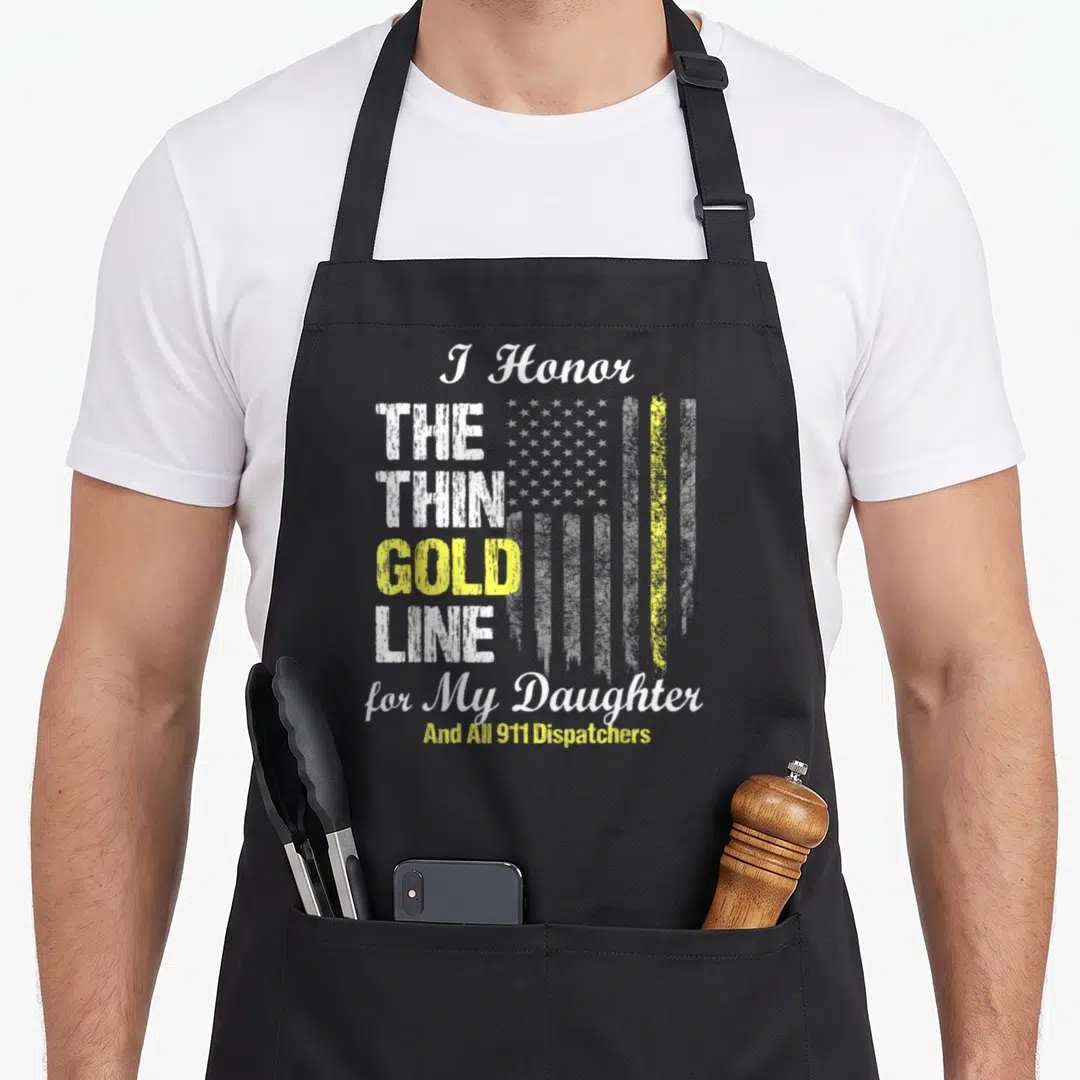 Dispatcher line apron - Distressed grey flag with yellow stripe and text honoring 911 dispatchers and daughter — shown on a black cotton canvas apron against a white background