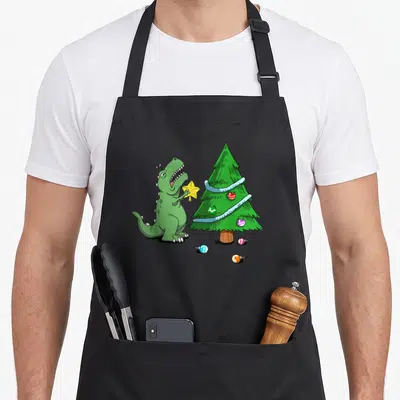 Struggle christmas tree apron - Green dinosaur holding yellow star next to Christmas tree with scattered ornaments — shown on a black cotton canvas apron against a white background