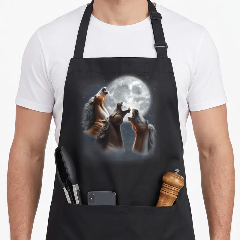 Howling horse apron - Three brown, white, and grey horses looking up at a full moon in photo-realistic art — shown on a black cotton canvas apron against a white background