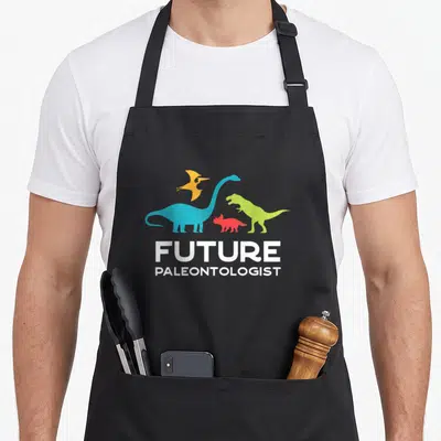 Paleontologist paleontology dinosaur apron - Four colorful dinosaur silhouettes above white stacked text reading future — shown on a black cotton canvas apron against a white background