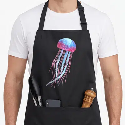 Ethereal jellyfish apron - Watercolor jellyfish illustration in pink, blue, and purple with trailing tentacles — shown on a black cotton canvas apron against a white background