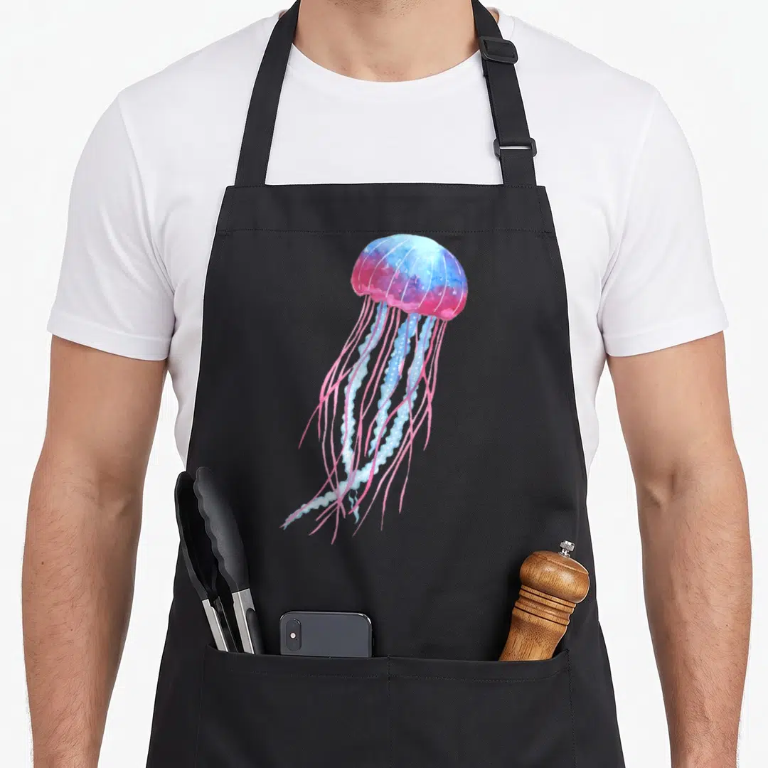 Ethereal jellyfish apron - Watercolor jellyfish illustration in pink, blue, and purple with trailing tentacles — shown on a black cotton canvas apron against a white background