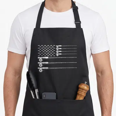 Trout american flag apron - White fishing rods and fish silhouettes arranged in a US flag shape — shown on a black cotton canvas apron against a white background