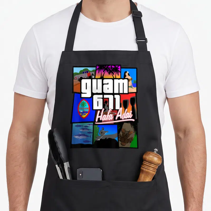 Hafa adai guam aprons - Cartoon collage of Guam scenes with 671 text and Hafa Adai script — shown on a black cotton canvas apron against a white background