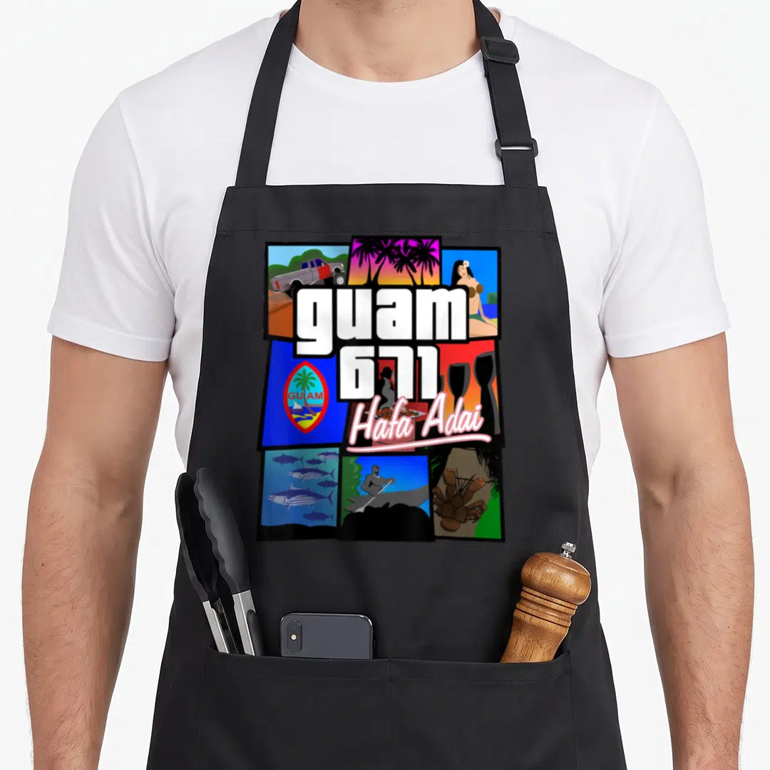 Hafa adai guam aprons - Cartoon collage of Guam scenes with 671 text and Hafa Adai script — shown on a black cotton canvas apron against a white background