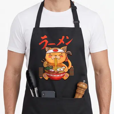 Lucky cat apron - Orange cartoon cat eating ramen with red Japanese text and chopsticks — shown on a black cotton canvas apron against a white background