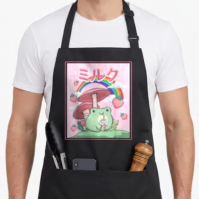 Japanese cottagecore apron - Cartoon frog holding milk carton under rainbow with mushrooms and strawberries in pink grid — shown on a black cotton canvas apron against a white background