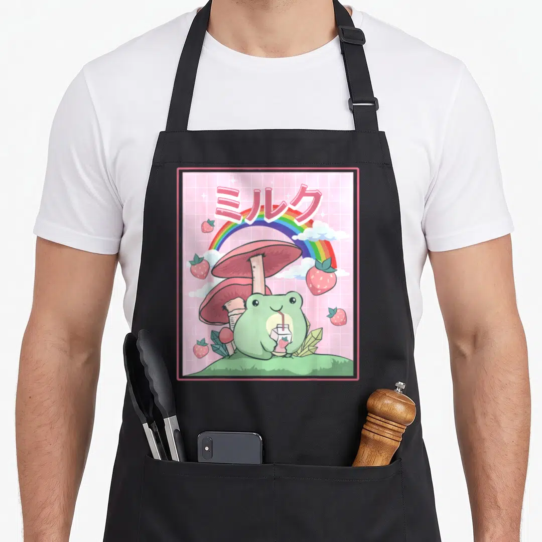 Japanese cottagecore apron - Cartoon frog holding milk carton under rainbow with mushrooms and strawberries in pink grid — shown on a black cotton canvas apron against a white background