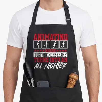 Artist cartoon apron - Red and white stacked text with four running figures and stars reading ANIMATING ALL-NIGHTER — shown on a black cotton canvas apron against a white background