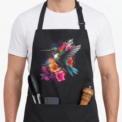 Hummingbird the floral apron - Watercolor hummingbird surrounded by pink, orange, blue, purple flowers and abstract — shown on a black cotton canvas apron against a white background