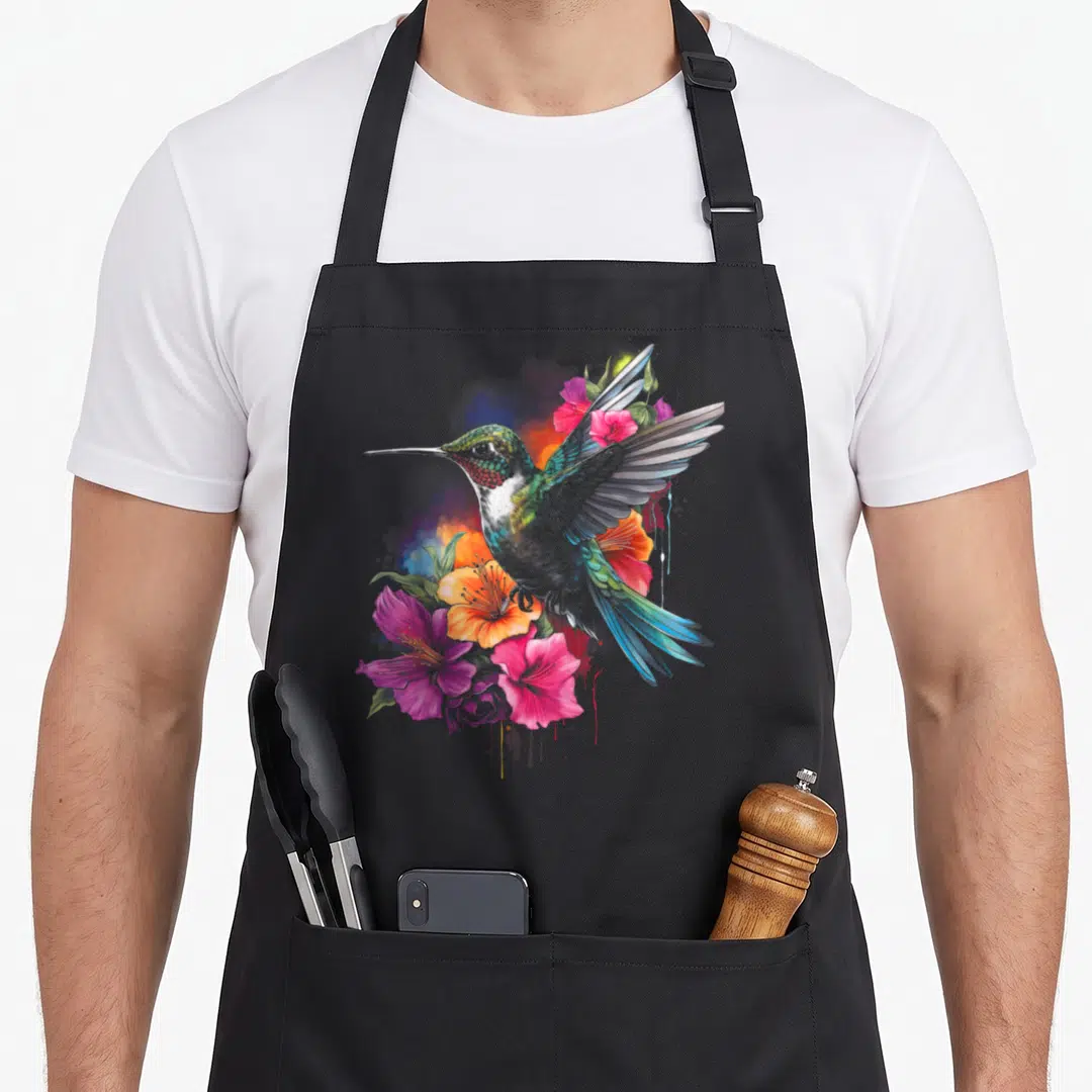 Hummingbird the floral apron - Watercolor hummingbird surrounded by pink, orange, blue, purple flowers and abstract — shown on a black cotton canvas apron against a white background