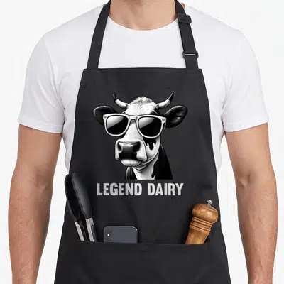 Legend cow apron - Realistic cow head with white sunglasses and LEGEND DAIRY text below — shown on a black cotton canvas apron against a white background