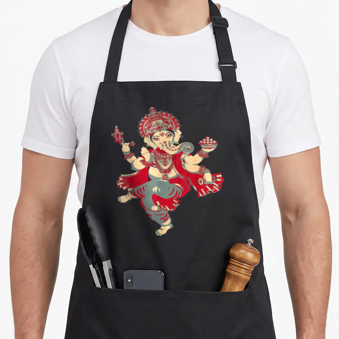Spiritual angels are apron - Ganesha dancing in red and beige line art on black bib apron — shown on a black cotton canvas apron against a white background