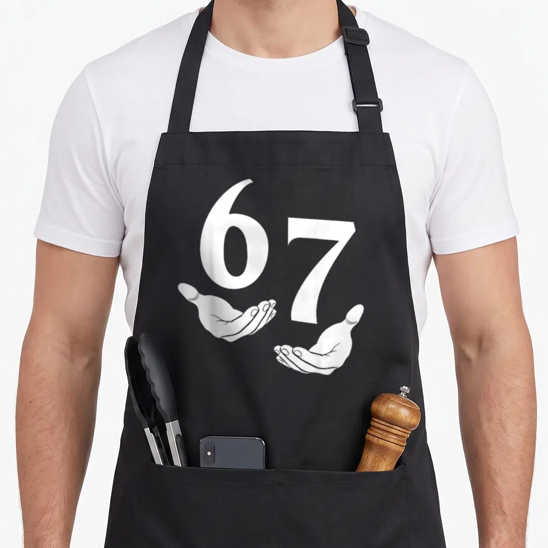 Seven youth meme apron - White number 67 with two open hands below in minimalist style — shown on a black cotton canvas apron against a white background