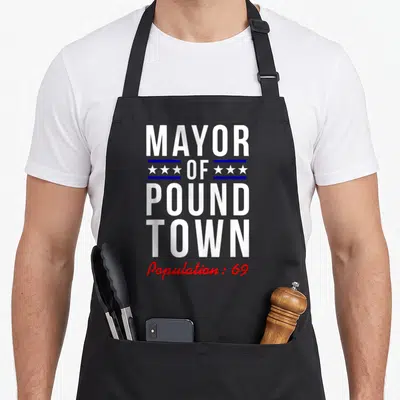 Population mayor apron - White Mayor of Pound Town text with blue star bars and red Population 69 script — shown on a black cotton canvas apron against a white background