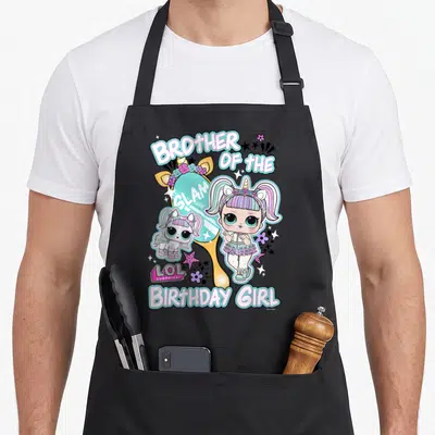 Lol surprise birthday apron - Brother of the Slam Birthday Girl text surrounding a doll and mirror with stars — shown on a black cotton canvas apron against a white background