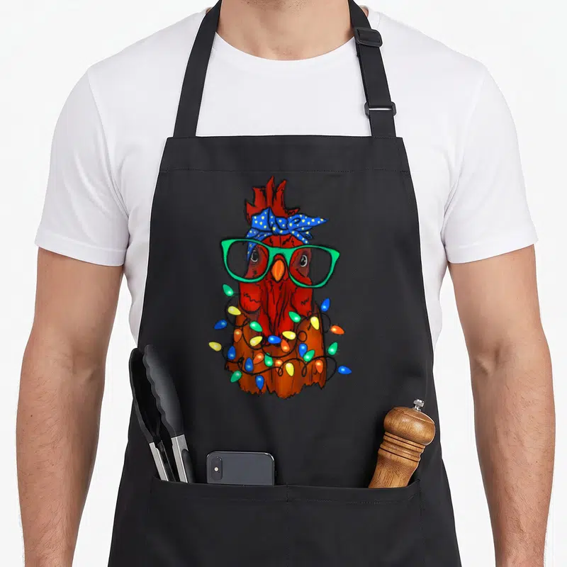 Chicken family christmas aprons - Cartoon chicken head with green glasses, blue polka-dot bandana, and multicolored — shown on a black cotton canvas apron against a white background