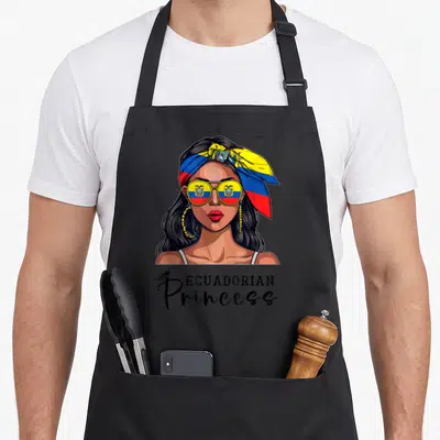 Ecuadorian princess apron - Cartoon woman with flag sunglasses and ECUADORIAN Princess text — shown on a black cotton canvas apron against a white background
