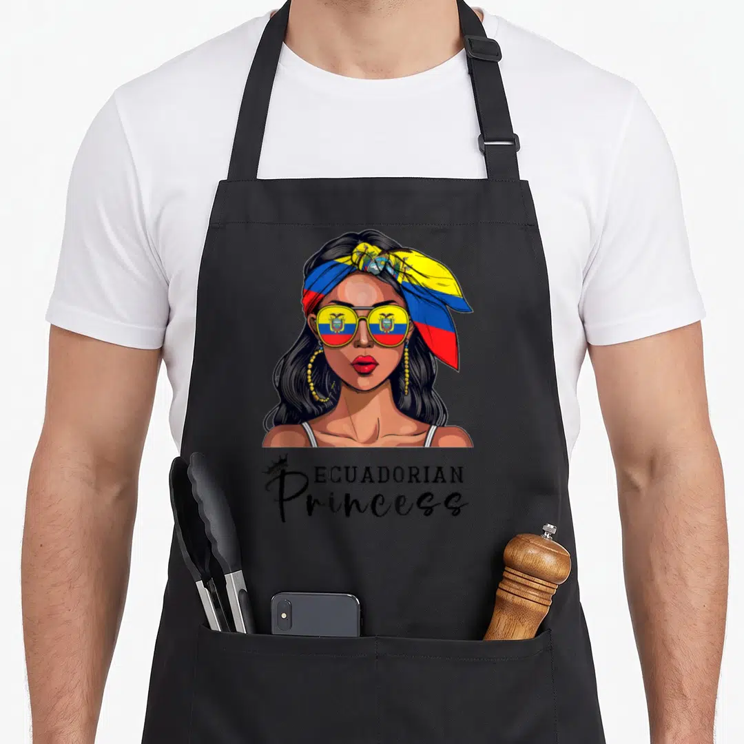 Ecuadorian princess apron - Cartoon woman with flag sunglasses and ECUADORIAN Princess text — shown on a black cotton canvas apron against a white background