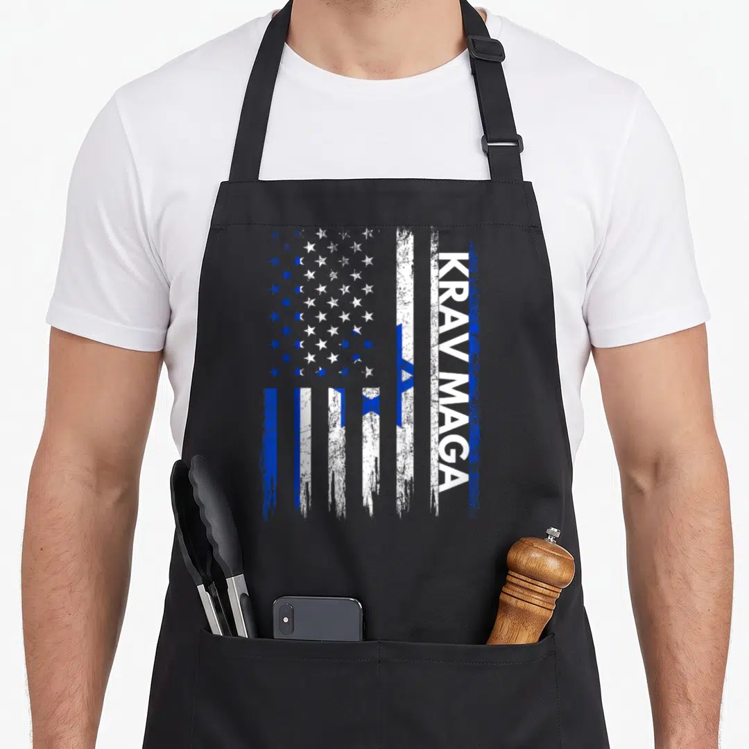 Israeli training apron - Distressed blue and white flag with vertical KRAV MAGA text — shown on a black cotton canvas apron against a white background