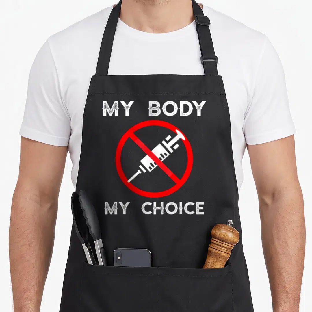 Choice body apron - Red prohibition circle over white syringe with My Body My Choice text — shown on a black cotton canvas apron against a white background