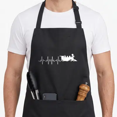Train model apron - White steam locomotive facing right connected to a white heartbeat line on grey background — shown on a black cotton canvas apron against a white background