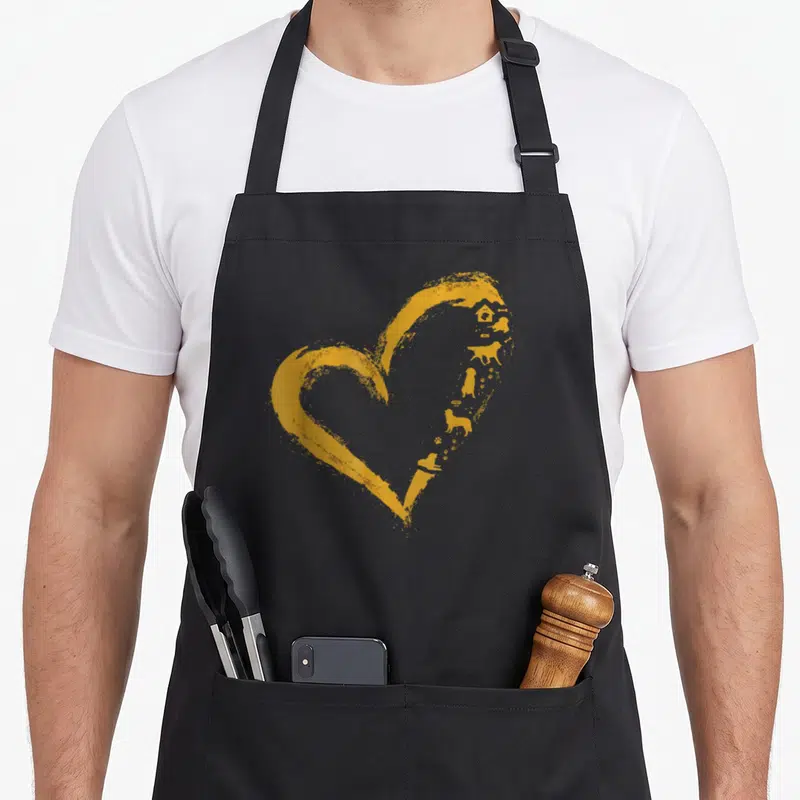 Shape golden retriever apron - Distressed yellow-orange heart with vertical dog silhouettes, paw prints, and bone shape — shown on a black cotton canvas apron against a white background