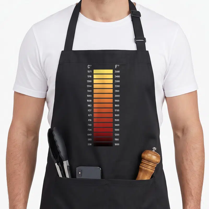 Temperature blacksmith apron - Vertical color gradient bar showing temperatures in Celsius and Fahrenheit from yellow — shown on a black cotton canvas apron against a white background