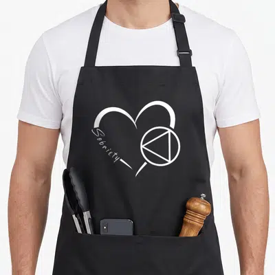 Alcoholic sobriety apron - White line art heart with Sobriety text and circle triangle sobriety symbol on black fabric — shown on a black cotton canvas apron against a white background