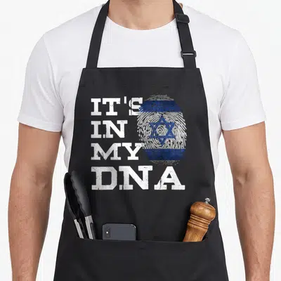 Dna jewish aprons - Stacked white text next to a blue and white fingerprint with a Star of David in distressed style — shown on a black cotton canvas apron against a white background