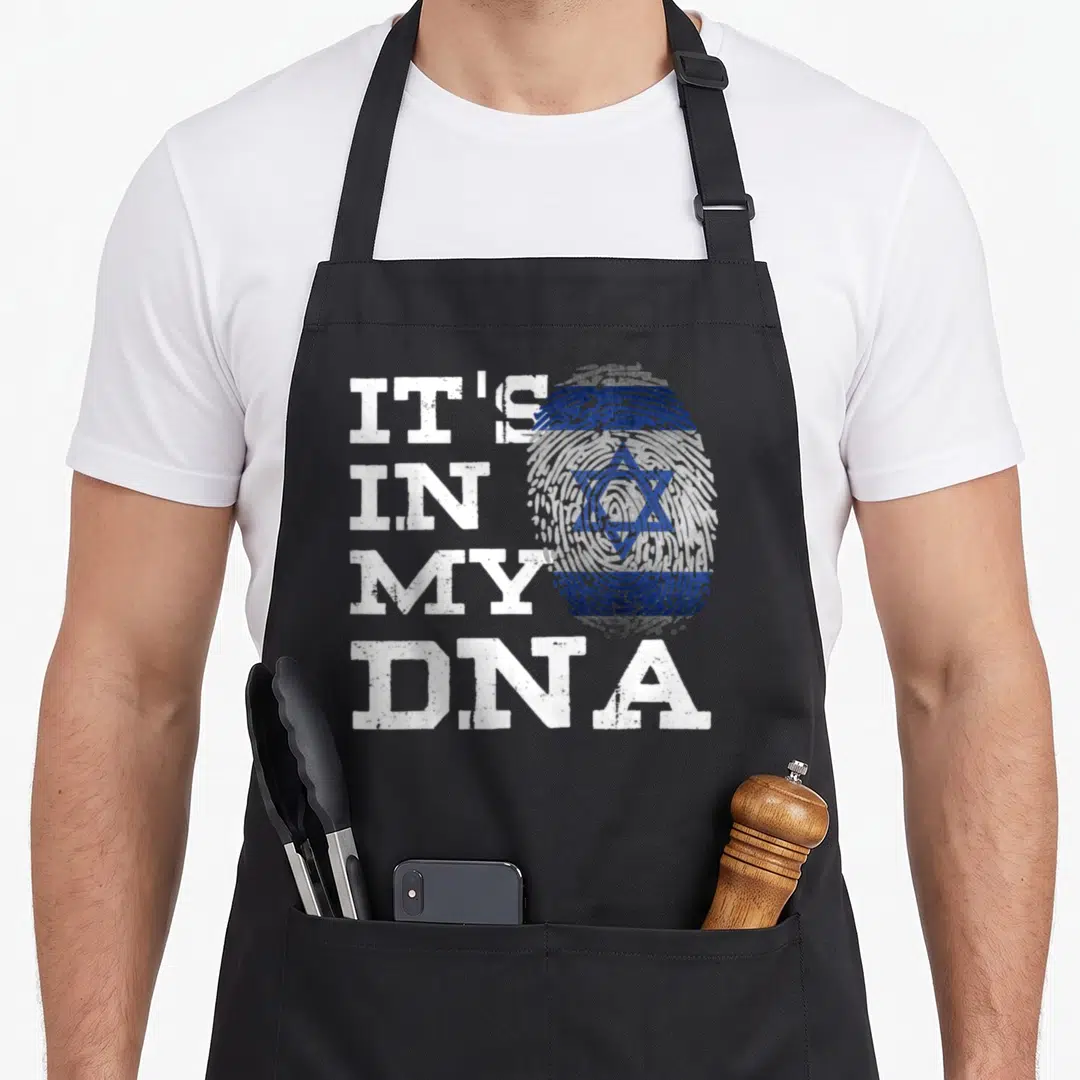 Dna jewish aprons - Stacked white text next to a blue and white fingerprint with a Star of David in distressed style — shown on a black cotton canvas apron against a white background