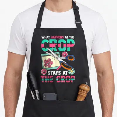 Scrapbook crafting apron - Cartoon scissors and buttons with text what happens at the crop stays at the crop in teal — shown on a black cotton canvas apron against a white background