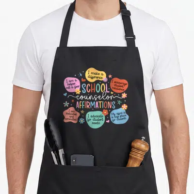 Affirmation school counselor apron - Colorful blobs with I am a helper not a fixer and school counselor affirmations — shown on a black cotton canvas apron against a white background