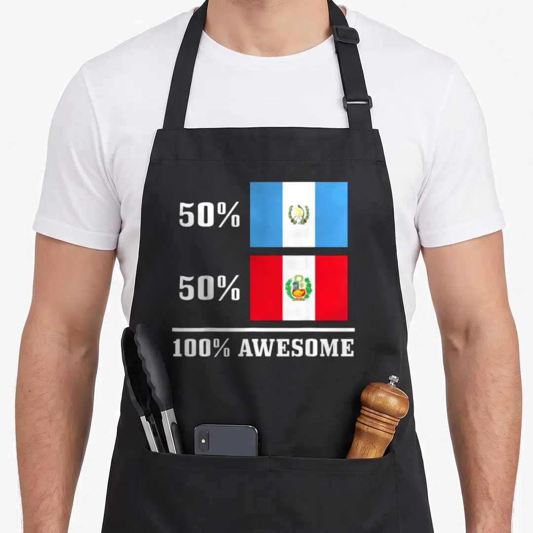 Peruvian guatemalan aprons - Stacked Guatemala and Peru flags beside 50% 50% 100% AWESOME text — shown on a black cotton canvas apron against a white background