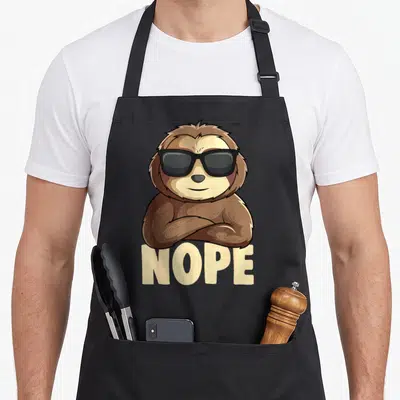 Sloth apron for her - Cartoon brown sloth with black sunglasses resting arms over beige NOPE text — shown on a black cotton canvas apron against a white background