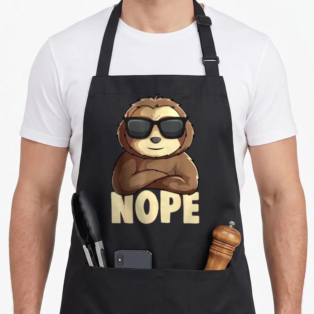 Sloth apron for her - Cartoon brown sloth with black sunglasses resting arms over beige NOPE text — shown on a black cotton canvas apron against a white background